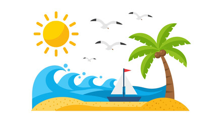 Sunny Beach Scene Tropical Paradise Illustration with Sailboat, Palm Tree, and Ocean Waves