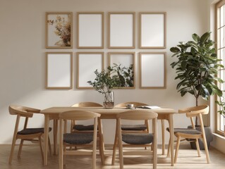 A wooden dining table with a vase of flowers on it. There are six chairs around the table