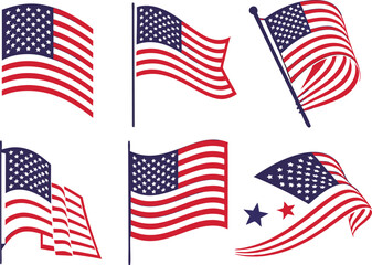 Set of American Flag Icons in Various Shapes Including Star, Circle, Triangle, and Waving Styles
