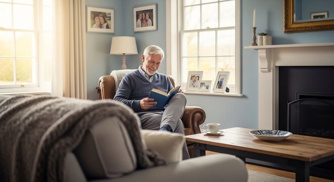 A senior man sits comfortably in a living room, engrossed in reading a book. - Powered by Adobe