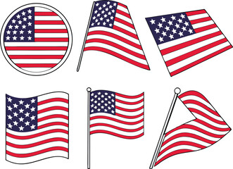 Set of American Flag Icons in Various Shapes Including Star, Circle, Triangle, and Waving Styles
