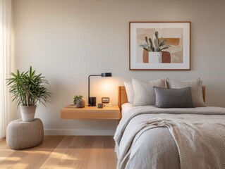 A bed with a white comforter and pillows. A potted plant is on a stool next to the bed