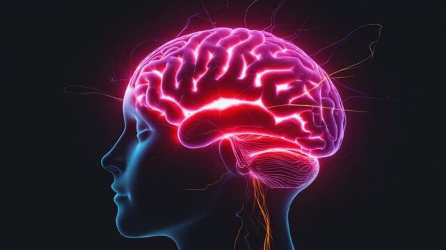 The brain's bright neural connections are shown. Red neural pathways light up and pulsate with energy as neural connections located at the base of the brain dynamically move and shift.