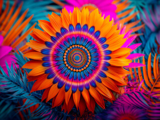 Vividly Colored Sunflower Mandala with Vibrant Decorative Patterns, Wallpaper