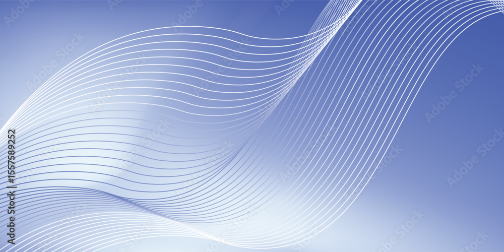 Poster the graphic consists of curves and thin waves that gradually flow from light blue to white and dark 