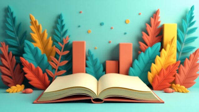 Open book with colorful paper leaves and geometric shapes in the background