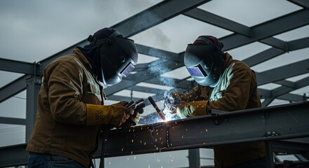 Steel structure welders fusing beams at height with safety gear and protective masks in industrial