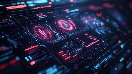 Obraz premium Floating interface panels with data visualizations and icons in futuristic holographic user experience design