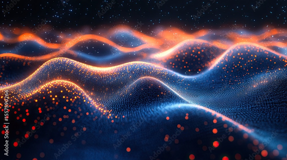 Poster flowing digital wave design with glowing lines and particles on dark blue background for tech-themed