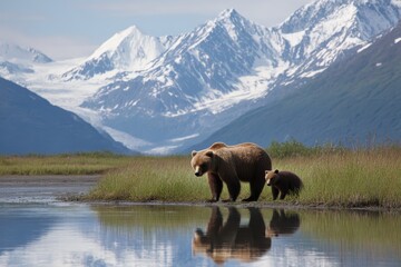 A brown bear and her cub are seen at the edge of a serene mountain lake, capturing a tender wildlife moment in a breathtaking natural setting with snow-capped peaks.