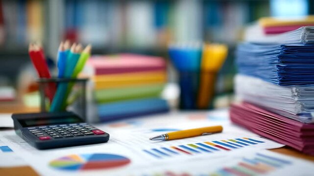 Stack of printed reports, highlighters, and charts scattered across busy analyst&rsquo;s desk.