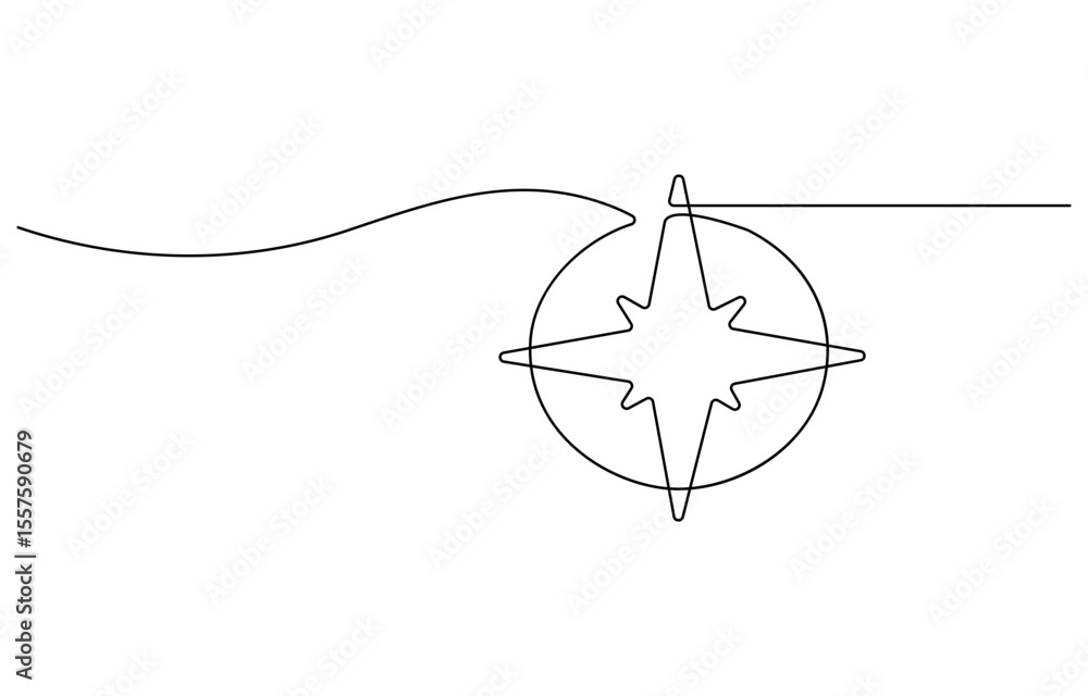 Poster continuous one line drawing of compass. single line drawing illustration of navigate. compass concep