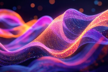 Futuristic DNA strand in an abstract form, glowing helix shapes blending with dynamic particle flows.