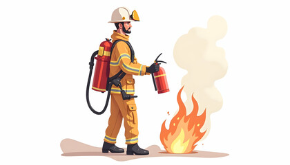Obraz premium Firefighter Using Extinguisher on Fire with Smoke Illustration