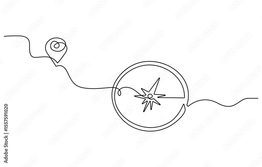 Poster continuous one line drawing of compass. single line drawing illustration of navigate. compass concep