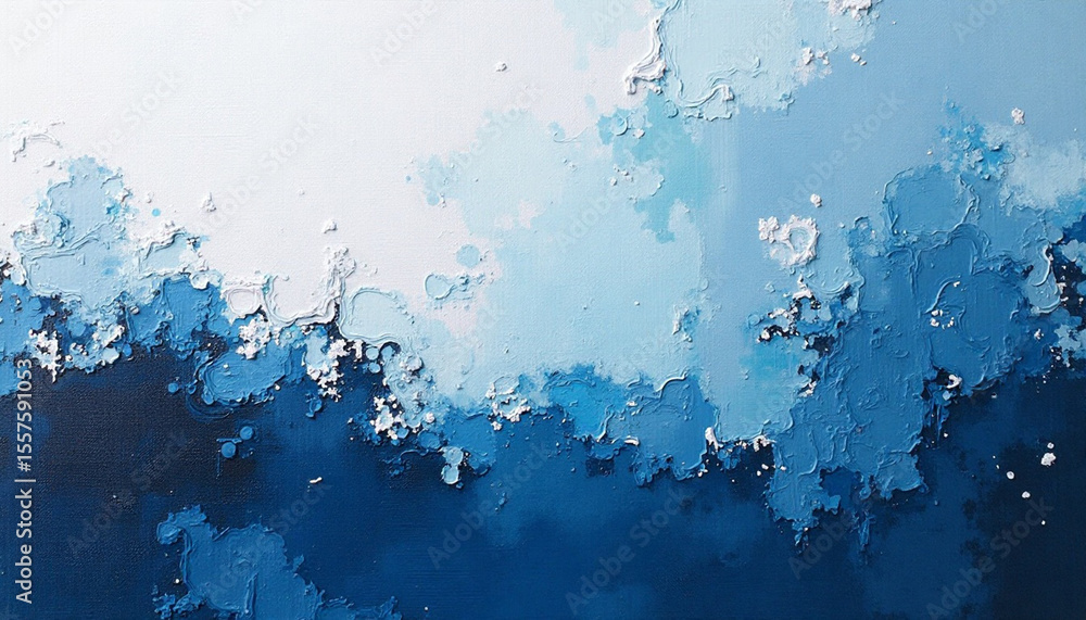 Poster deep blue and white abstract art with heavy texture and dynamic paint application