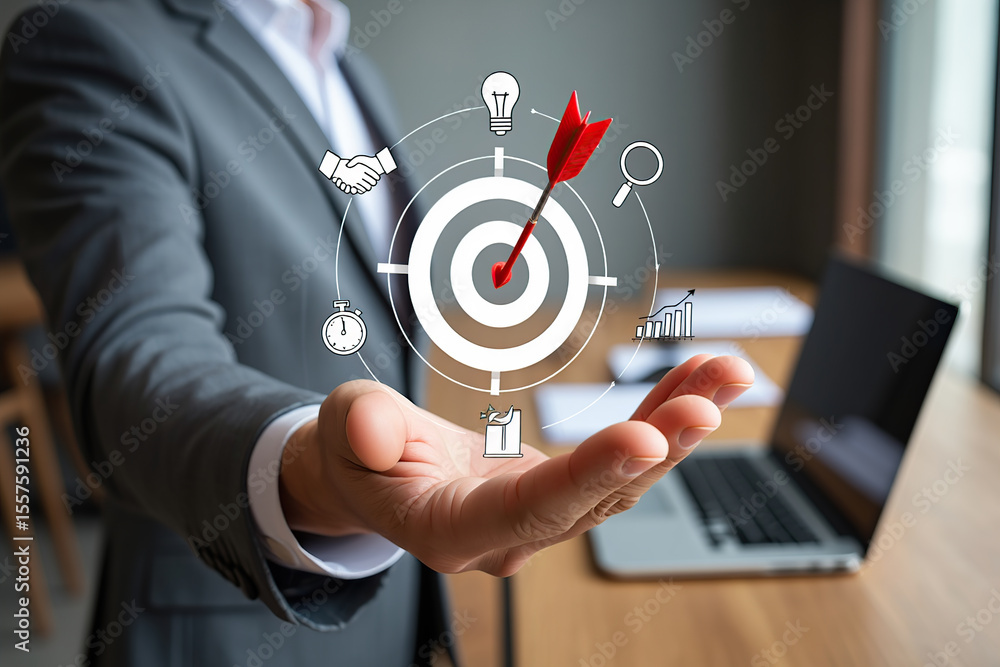 Poster conceptual image of a business professional presenting a target with an arrow hitting the bullseye, 