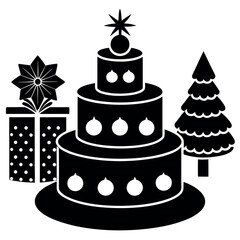 Japanese christmas cake and festive decorations silhouette