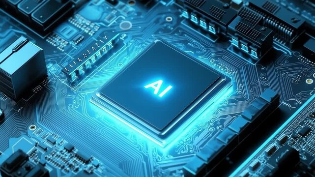 Futuristic AI chip on a motherboard, glowing blue, representing advanced technology and innovation in electronics.