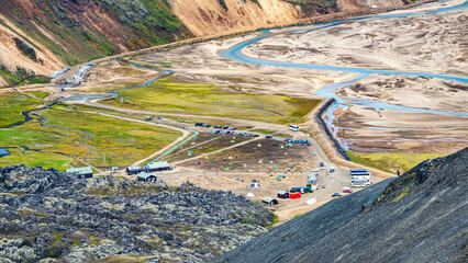 Landmannalaugar, Iceland. Laugahraun lava field and campsite. Icelandic landscape of colorful...