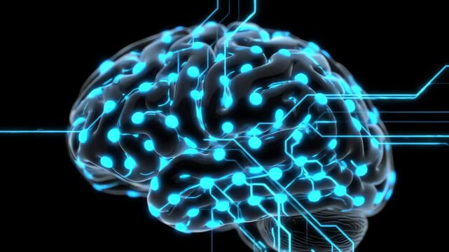 Brain with luminous blue dots connected by circuits set against a stark black backdrop