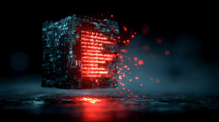 Obraz premium Futuristic glowing data cube with red digital code and particle sparks in dark cyber environment, perfect for artificial intelligence, technology, and sci-fi themes