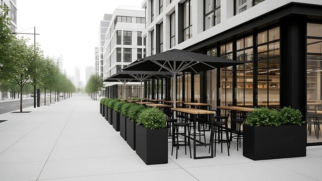 Sleek cafe patio with umbrellas and modern architecture along a quiet city street offers a tranquil outdoor dining atmosphere.
