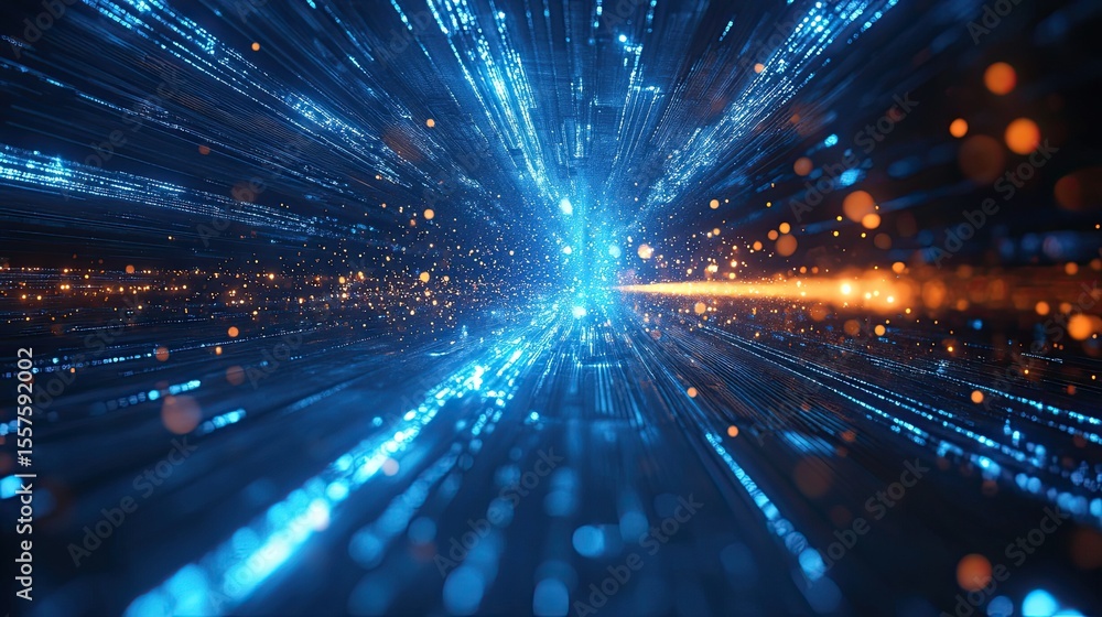 Poster futuristic energy light rays with glowing blue beams and abstract lines in sci-fi tech visualization