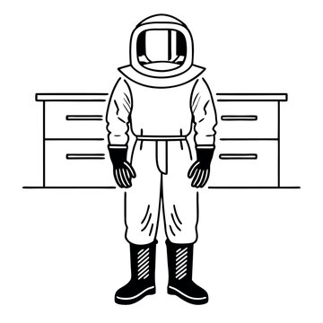 recommend clip art: Detailed line art of a beekeeper in full protective gear