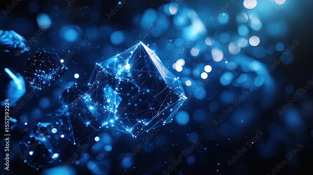 Poster futuristic geometric light shapes featuring glowing blue polygonal light forms floating in dark spac