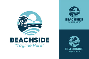 Seaside Event Logo with Palm Trees, Waves, and Sun in Blue and Teal