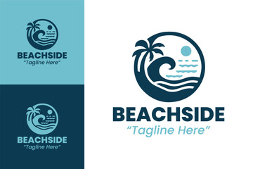 Beachside Logo with Waves, Palm Trees, and Sun for Vacation and Travel


