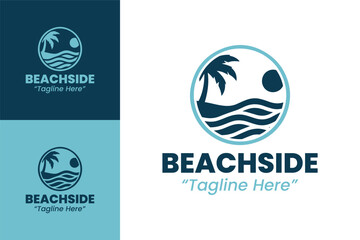 Modern Beachside Logo with Waves and Palm Tree for Event and Resort Branding
