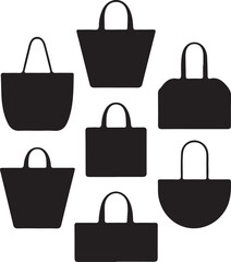 Collection of seven black shopping bag silhouettes isolated on white background