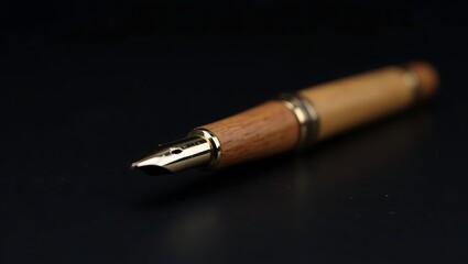 A closeup reveals a handcrafted wooden fountain pen with a gold nib, resting on a dark surface