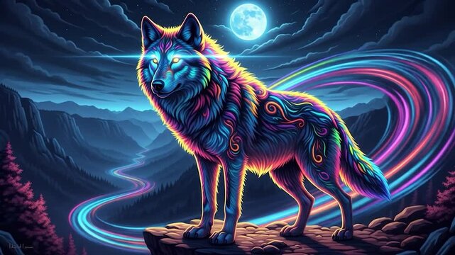 Colorful Tribal Wolf Stands on Mountain Overlooking Glowing River at Night