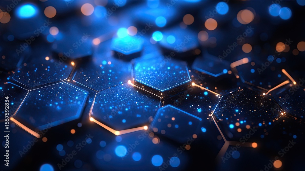 Aufkleber futuristic overlapping hexagons with layered transparent shapes in glowing blue for technology desig