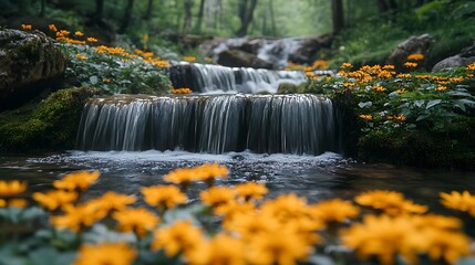 Waterfall and flowers in forest