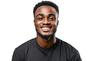 Obraz premium Young smiling man with an expressive face wearing a black shirt, showcasing happiness, positivity, and confidence against a plain backdrop.