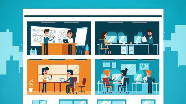 Cartoon office building showing several teams working at desks and a presentation