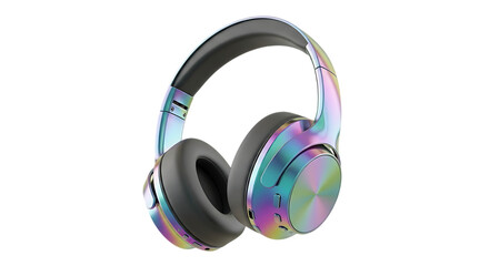 Stylish iridescent holographic wireless headphones isolated on transparent background