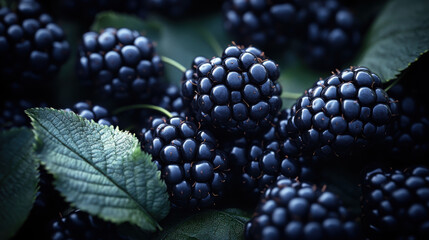 Close Up of Ripe Dark Blackberries with Green Leaves