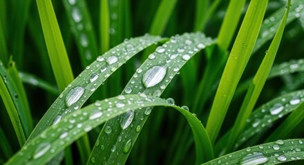 Macro Photography of Dewdrops on Fresh Green Grass Blades After Rain in a Lush Meadow