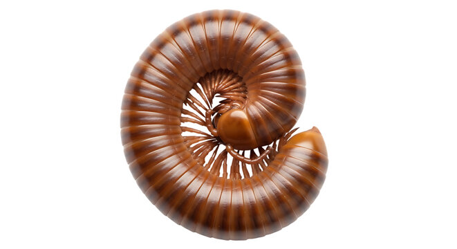 Close up of a brown millipede curled in a spiral shape isolated on transparent background