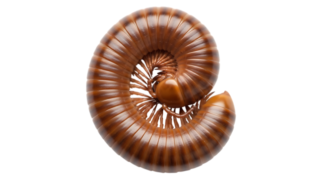 Close up of a brown millipede curled in a spiral shape isolated on transparent background