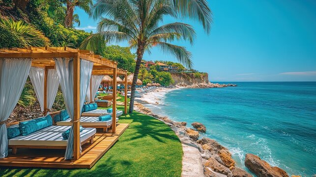 Tropical beach cabanas, turquoise water