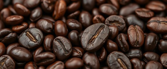 Dark, oily roasted coffee beans, close-up detail,  roasted,  agriculture