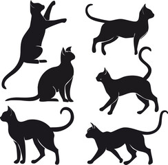 Black cat silhouettes vector illustration featuring domestic feline and kitten outlines