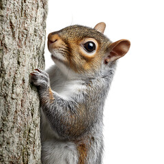Grey Squirrel on Tree Trunk CloseUp Wildlife Photography white background against transparent Background