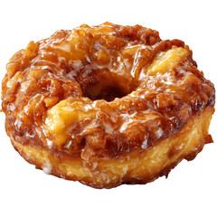 A close up of a glazed apple fritter donut with a hole in the center on a black background